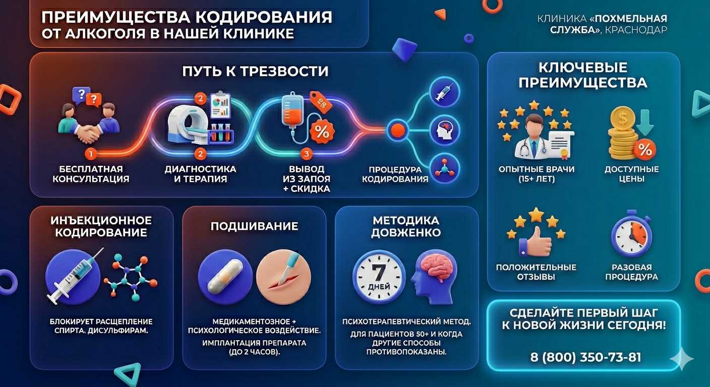 Инфографика о методах кодирования от алкоголя в Тобольске: инъекции, подшивание, метод Довженко. Преимущества клиники и этапы лечения.