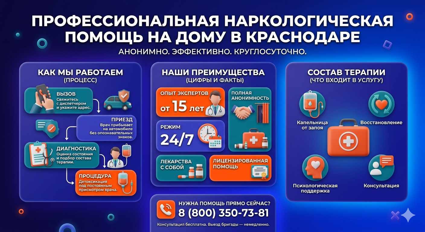 Инфографика о принципах лечения алкоголизма на дому в Тобольске: этапы вызова нарколога, преимущества анонимной детоксикации и состав медицинской помощи.